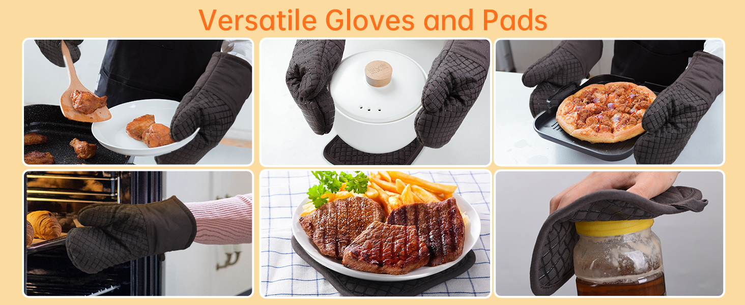 Collage de six images présentant des gants polyvalents résistants à la chaleur. Montre comment manipuler des plats chauds, les griller et ouvrir des bocaux dans la cuisine.