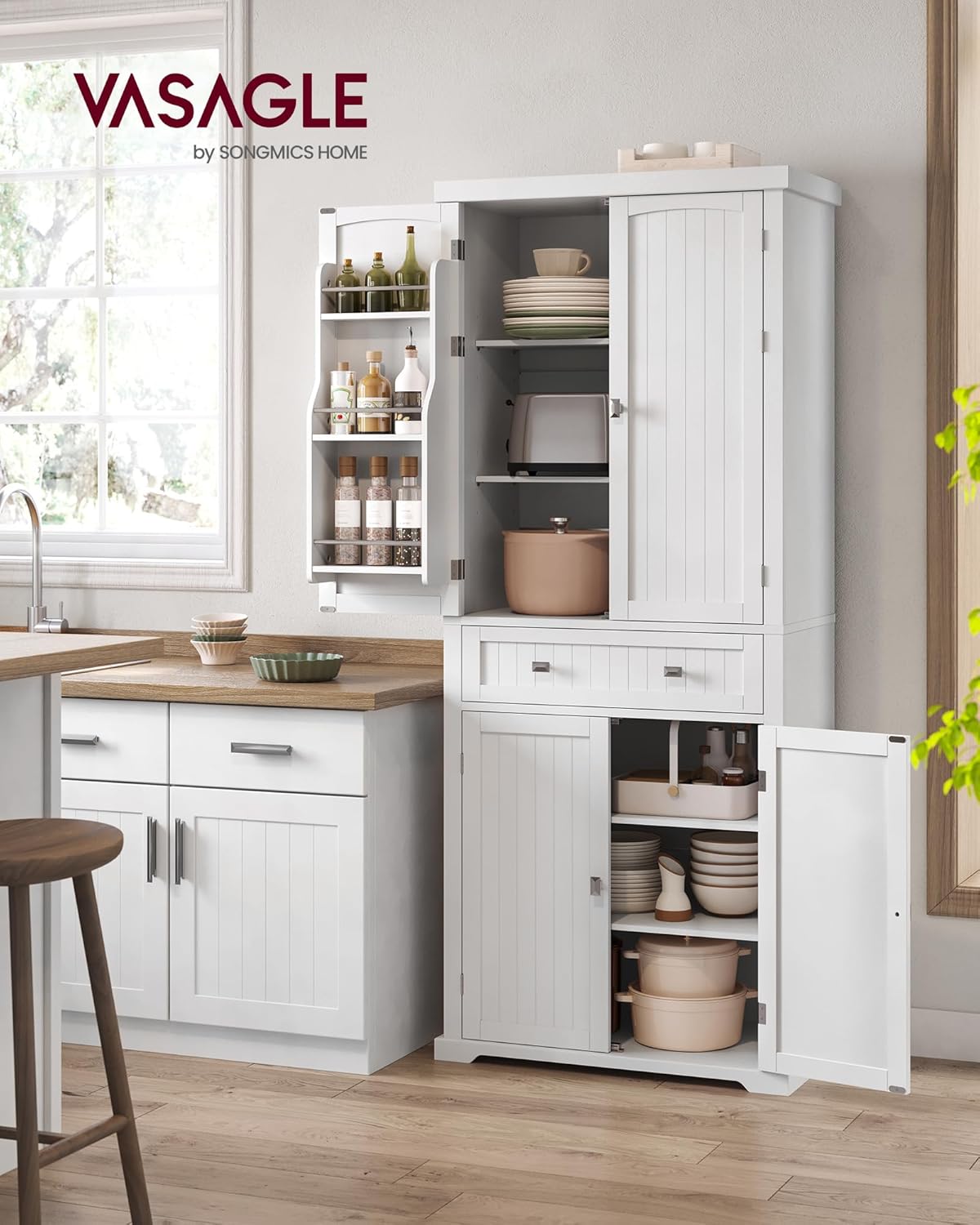 VASAGLE - Buffet haut série BBC561W21 - 182 cm - armoire à tiroirs, étagères réglables, blanc - BBC561W21