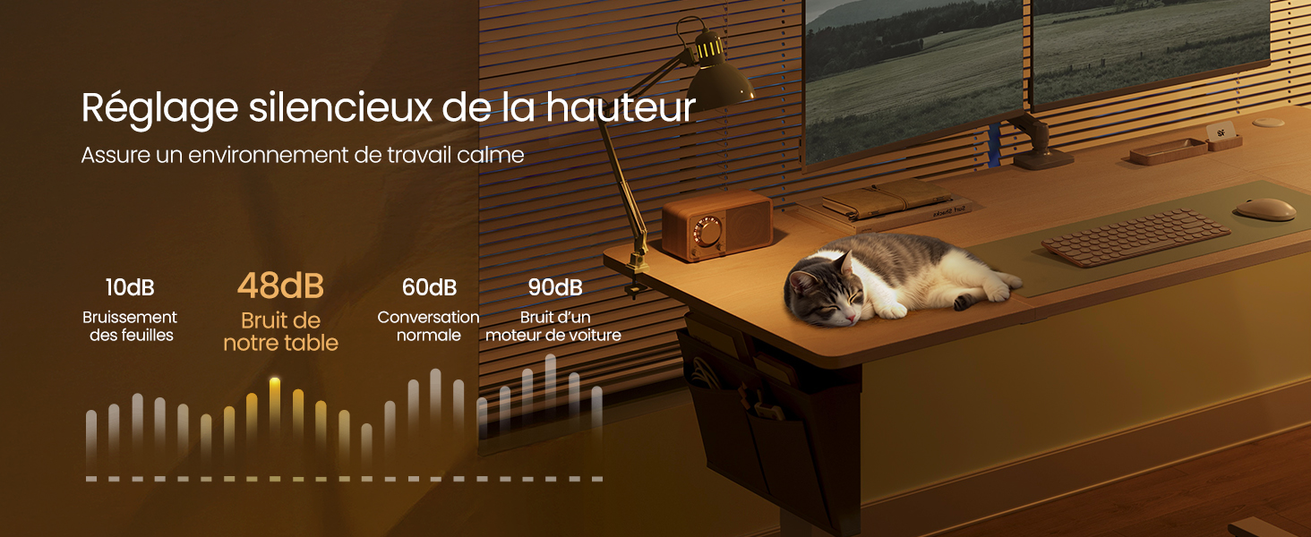 dans un environnement de bureau à lumière chaude. Surface en bois avec configuration informatique, lampe et chat endormi. Le graphique des niveaux de bruit indique 48 dB pour le fonctionnement du bureau.