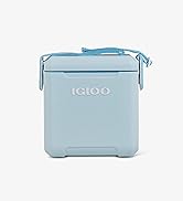 Le texte indique « IGLOO ». Glacière rectangulaire bleu clair avec bandoulière, avec le nom de la marque Igloo estampé sur le devant.