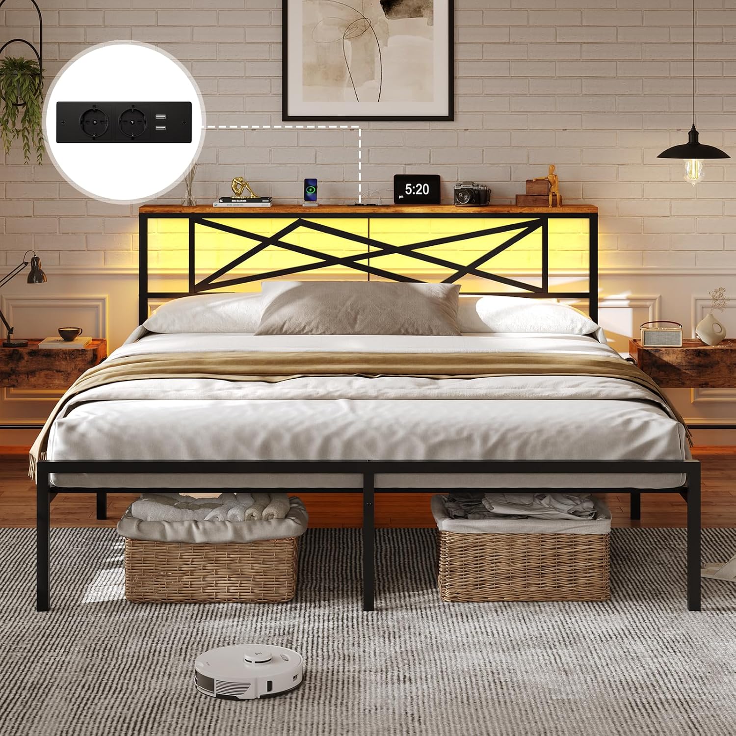 DICTAC - Lit LED avec ports USB, 180x200cm, rangement 32cm, métal