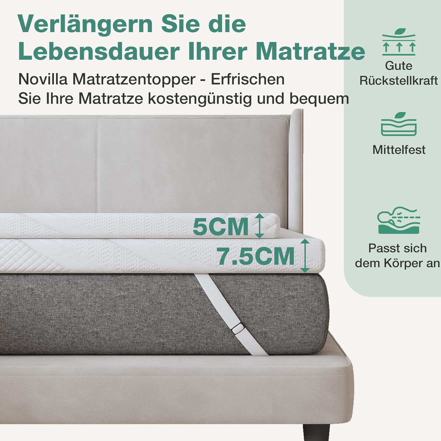 Novilla - Surmatelas Gel Série - 140x200 cm - Mousse mémoire, doux, antidérapant, lavable