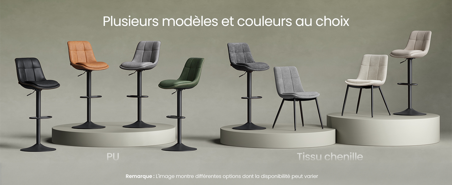 Exposition de tabourets de bar et de chaises de salle à manger modernes de différentes couleurs, notamment le noir, l'orange, le gris, le vert et le beige. Les chaises sont dotées d'un revêtement capitonné et de bases en métal