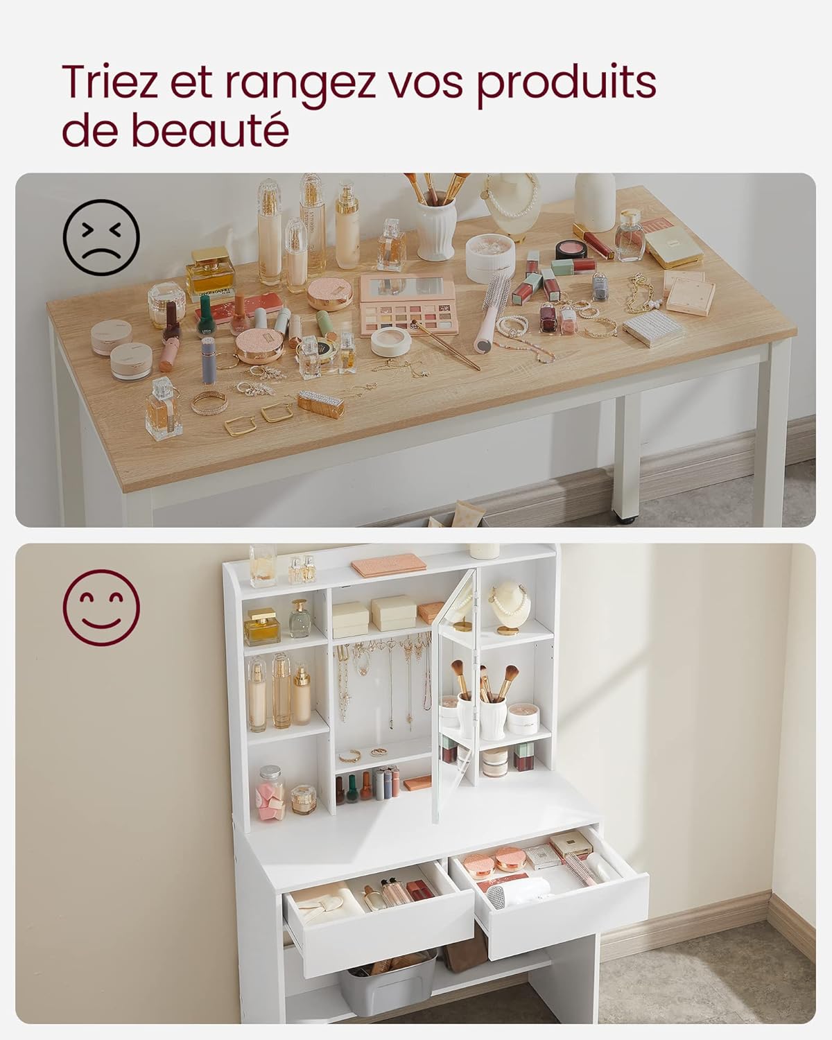 VASAGLE - Kailyn Collection - coiffeuse LED, 3 couleurs, 2 tiroirs, étagère réglable, blanc, RDT723W01