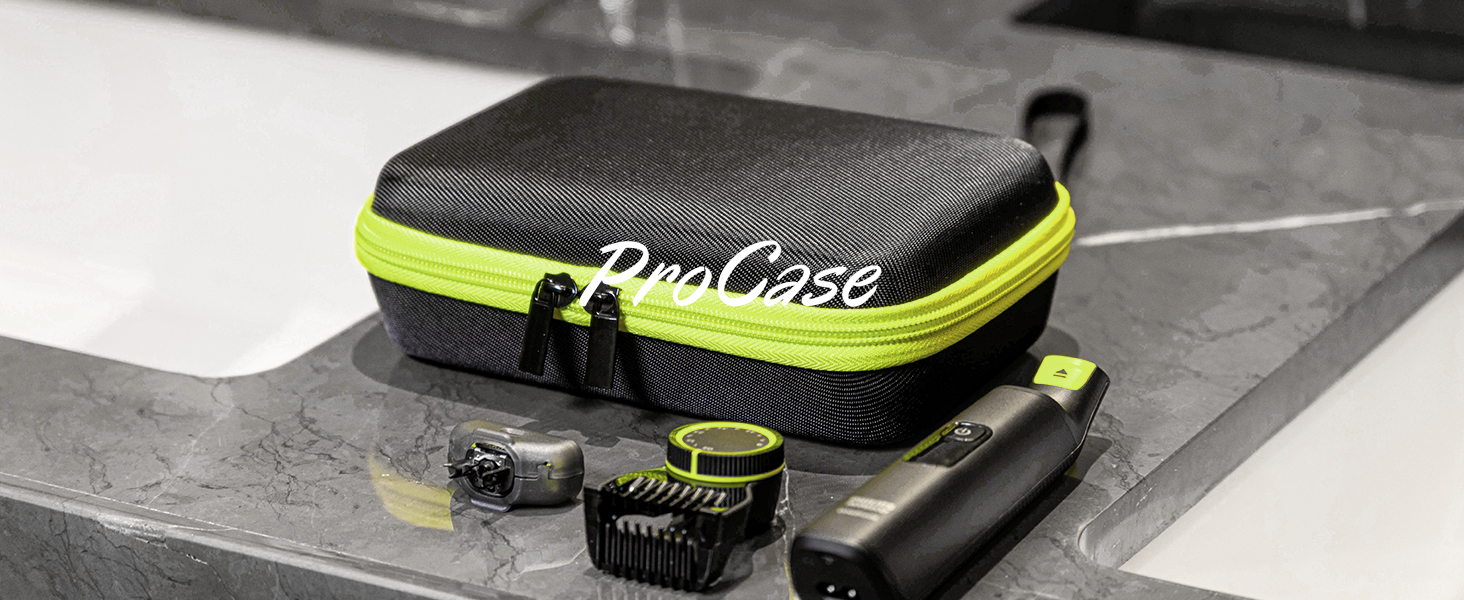 Étui de protection noir avec garniture vert fluo contenant de petits accessoires et composants électroniques sur une surface grise.