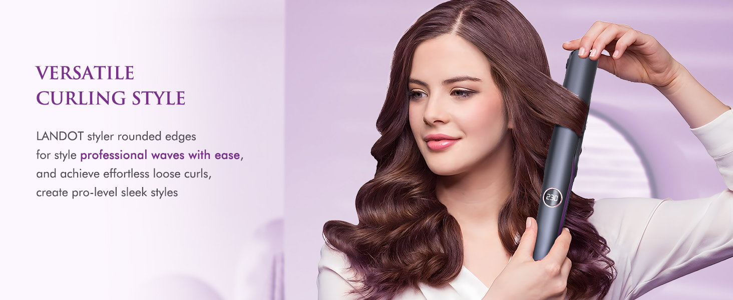 est utilisé pour coiffer les cheveux longs et foncés. Le texte fait la promotion d'un « style de curling polyvalent » pour des ondulations professionnelles et des boucles souples sans effort