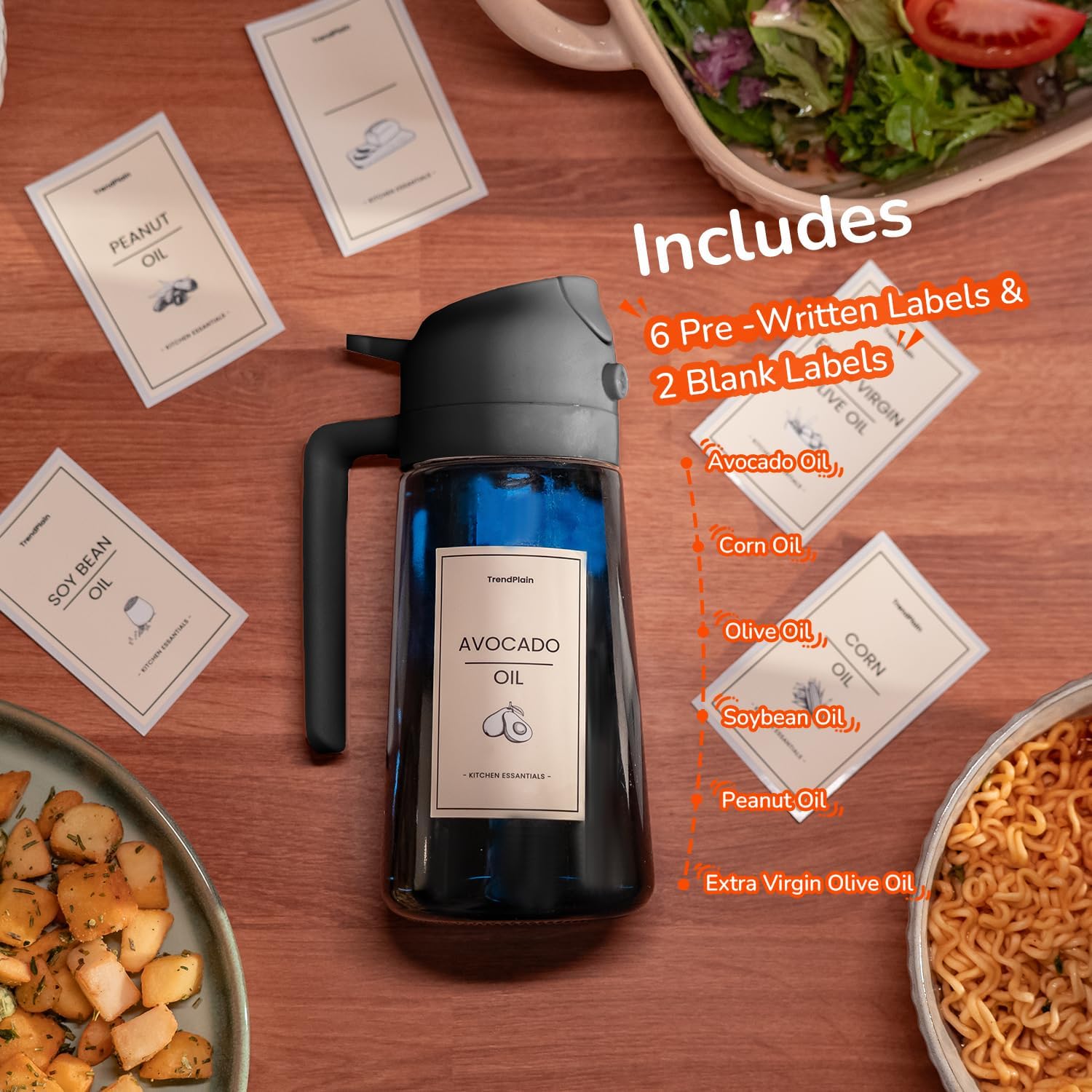 TrendPlain - Spray Huile Cuisine 470ml - 2-en-1, lot de 2, noir & vert