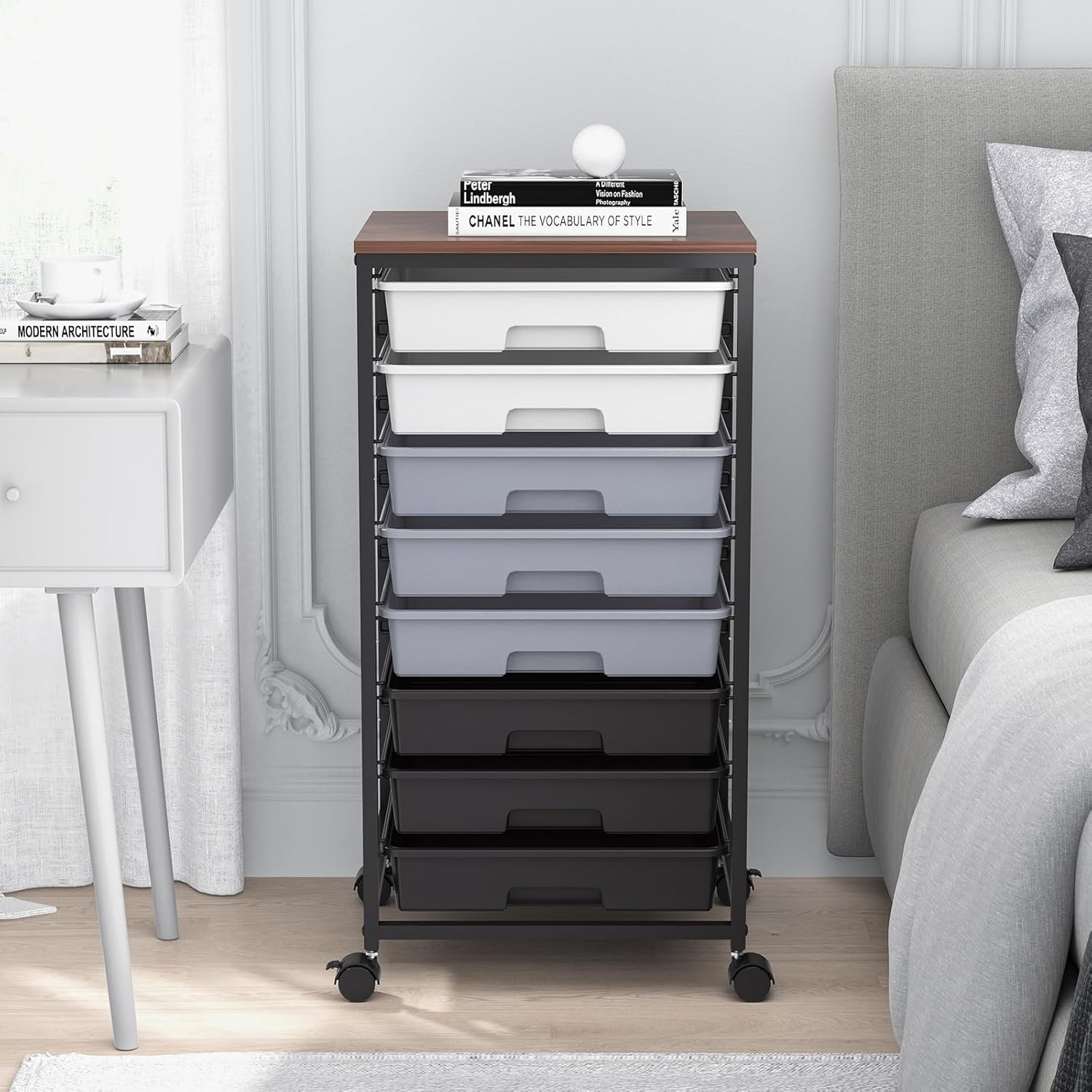 Chariot de salle de bain - 8 tiroirs, roulettes, plateau bois, grande capacité, gris