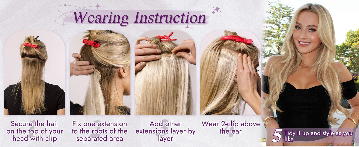 Guide d'application des extensions de cheveux étape par étape présentant quatre étapes : fixation des cheveux, fixation de l'extension, ajout de couches et coiffage final. Démontre le processus sur les cheveux blonds.