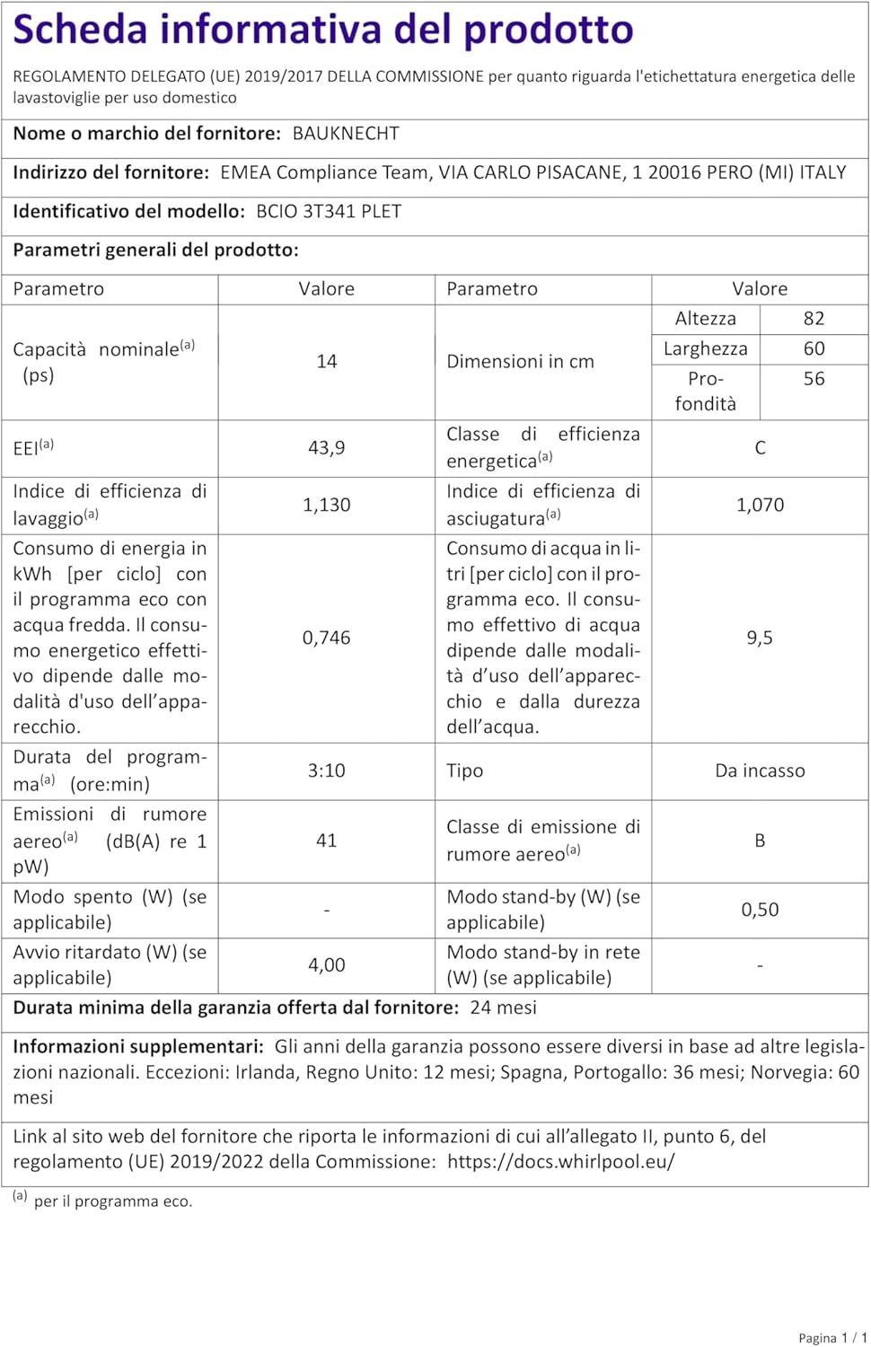 Bauknecht - lave-vaisselle intégrable 60cm, 14 couverts, PowerClean, ActiveDry, BCIO 3T341 PLET