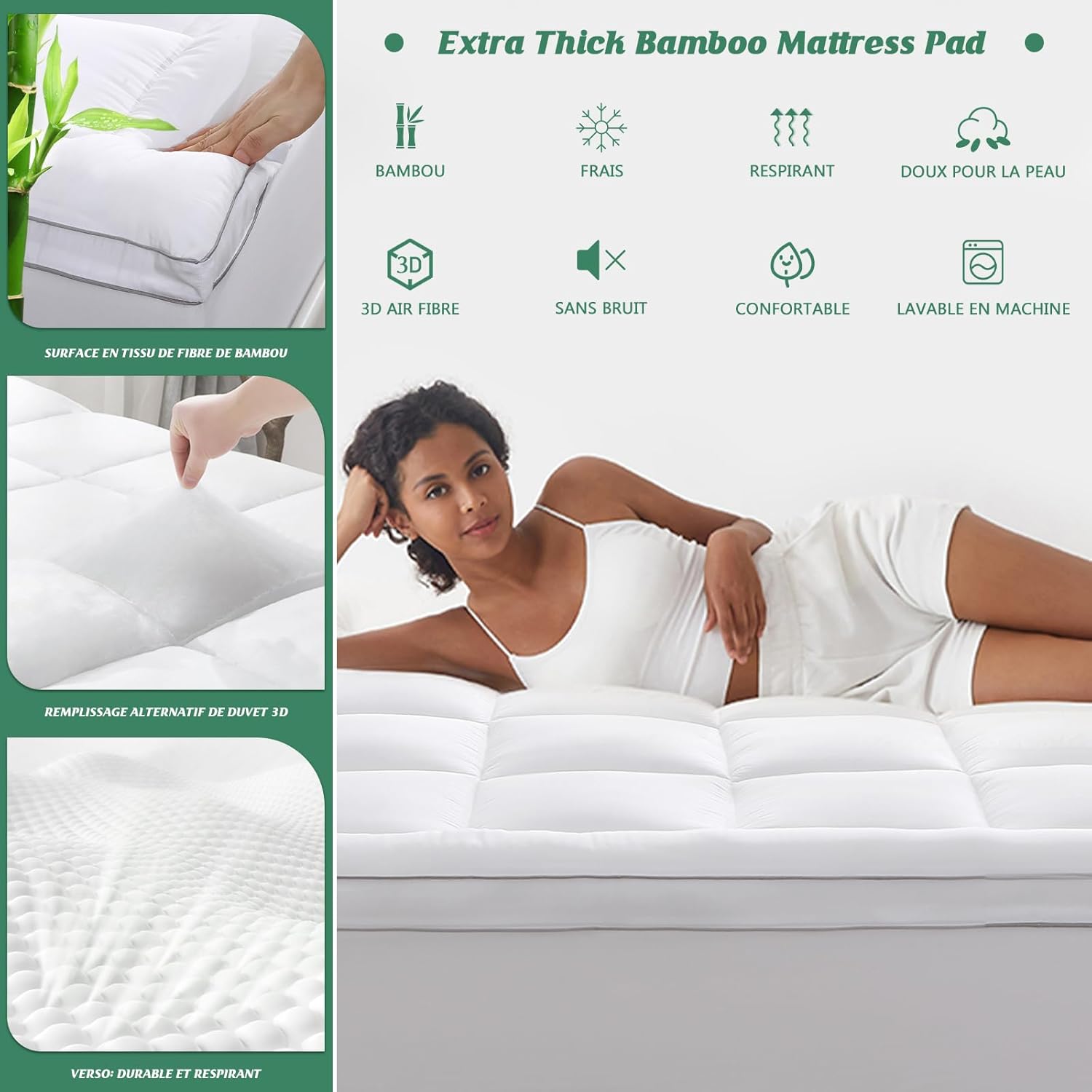GRT - Surmatelas 135x190 cm - 6 cm, bambou, ultra-doux, respirant