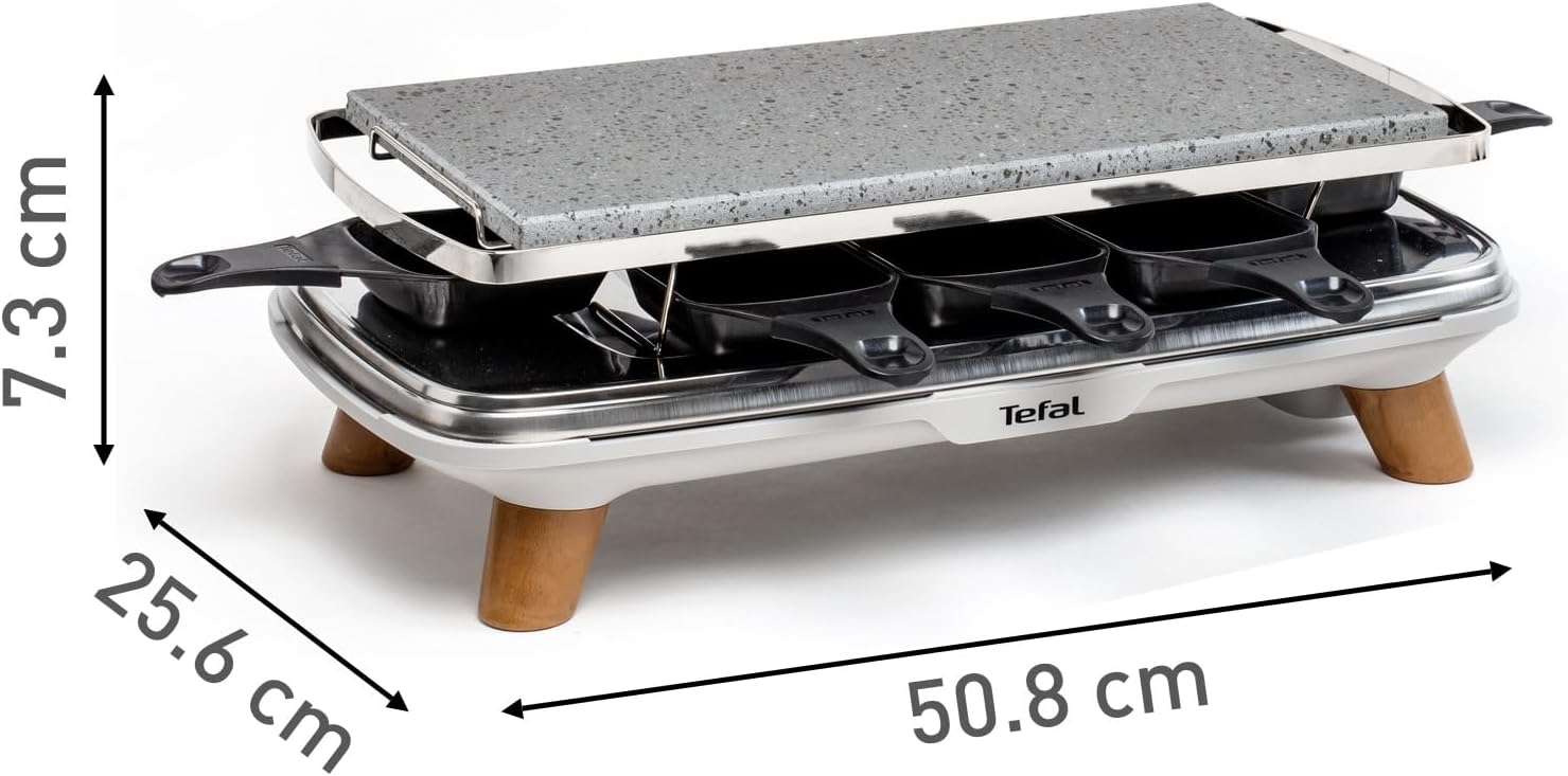 Tefal - Raclette Pierrade PR620D12 - 8 coupelles profondes, pierre naturelle, 1350W, pieds effet bois