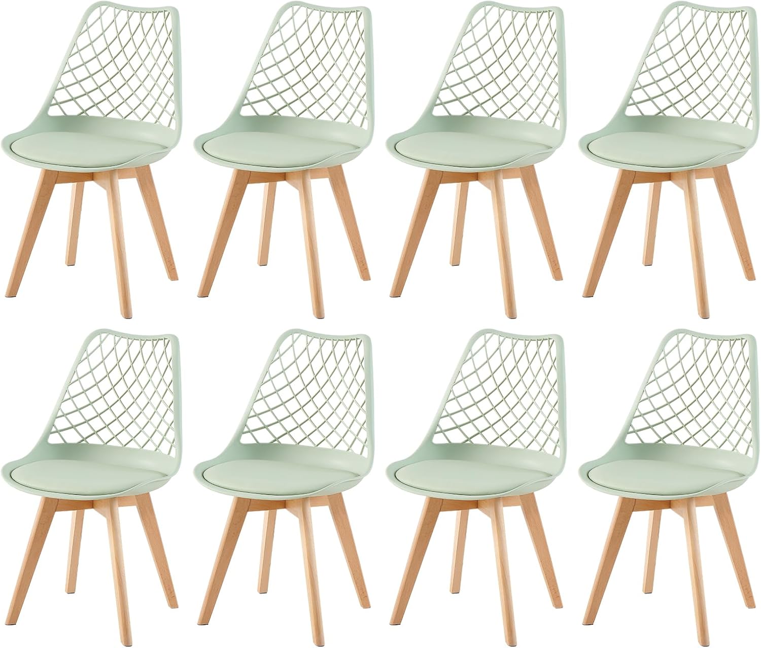 EGGREE - Chaises Scandinaves lot de 8 - Assise creusée, pieds hêtre, coussin, coloris vert