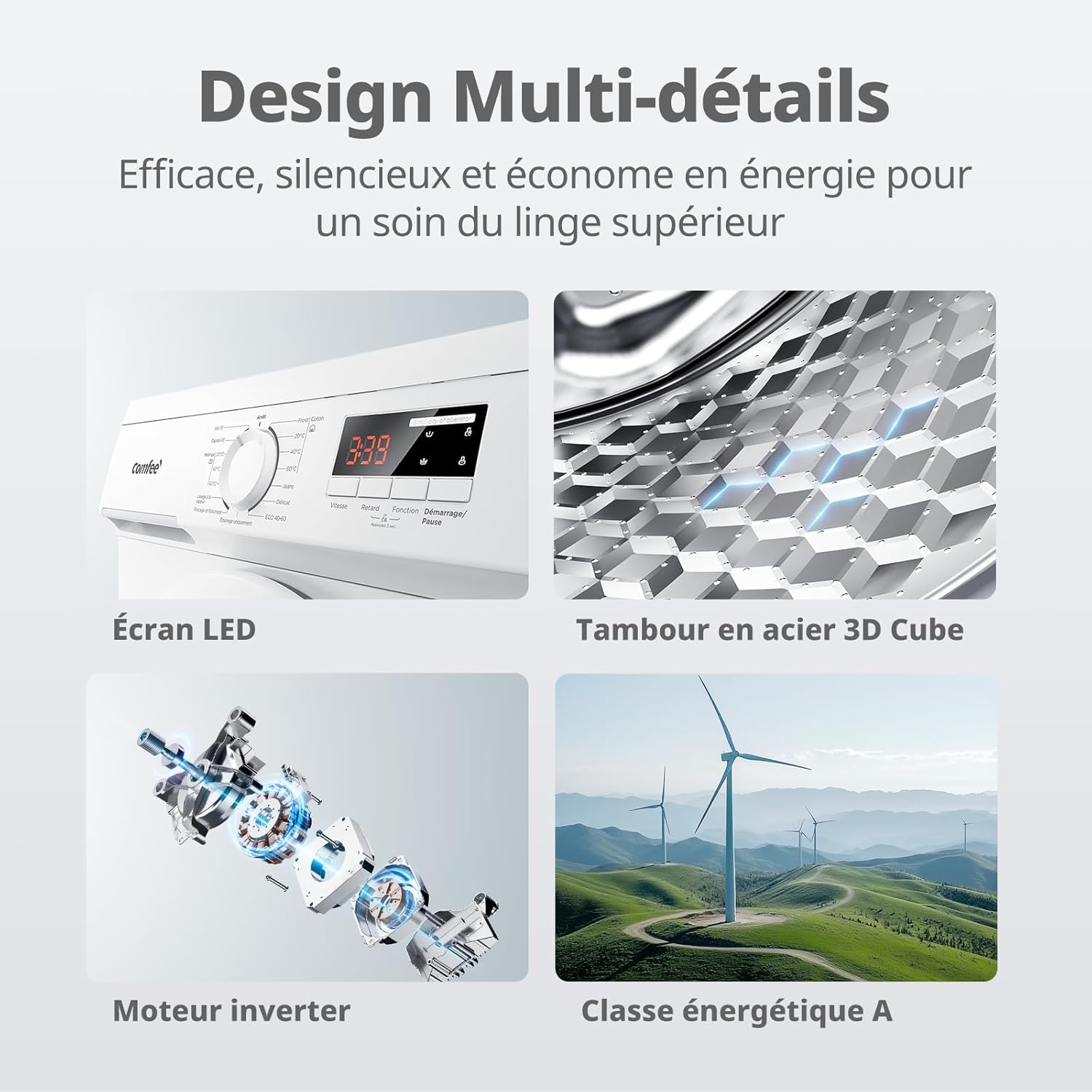 Comfee - lave-linge frontal 9kg, classe A, 1400trs, 15 programmes, CFE12EW90/W