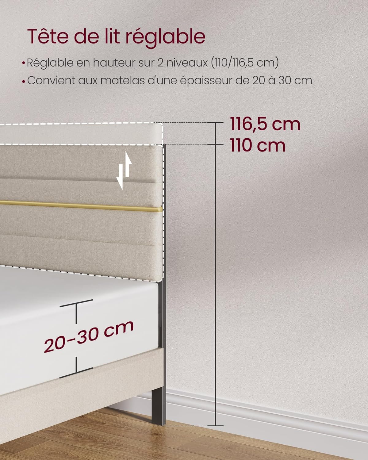 VASAGLE - lit double moderne - 160x200 cm - tête rembourrée ajustable métal bois massif - RMB505LH01