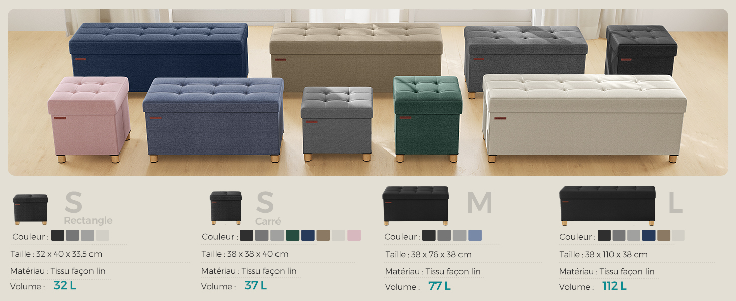 Collection de poufs de rangement de différentes tailles et couleurs, y compris le bleu marine, le beige, le rose et le vert, présentés avec les indicateurs de taille S, M et L ci-dessous.