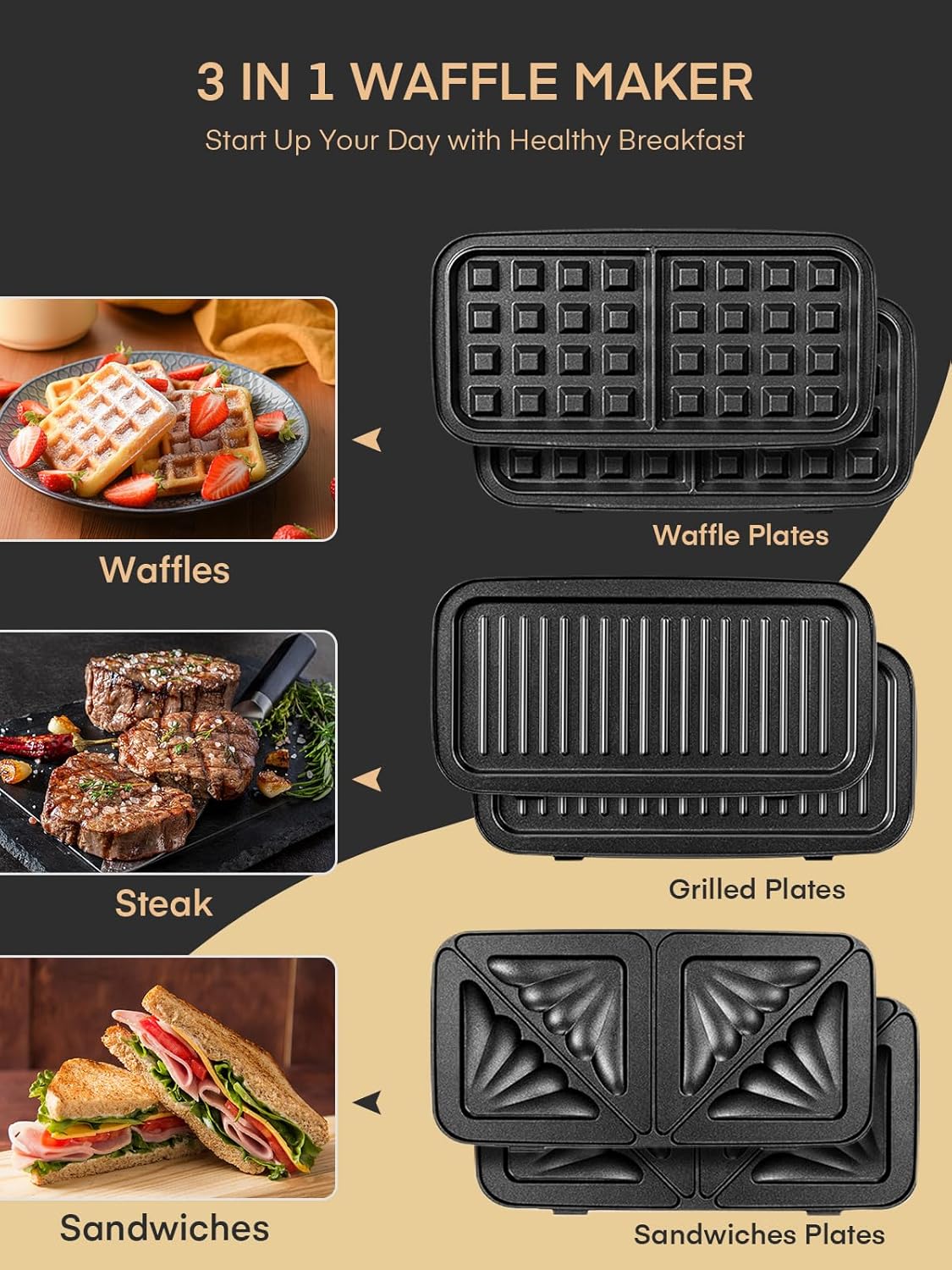 FOHERE - Gaufrier 3 en 1 - 1200W - 5 vitesses, plaques amovibles, surface antiadhésive