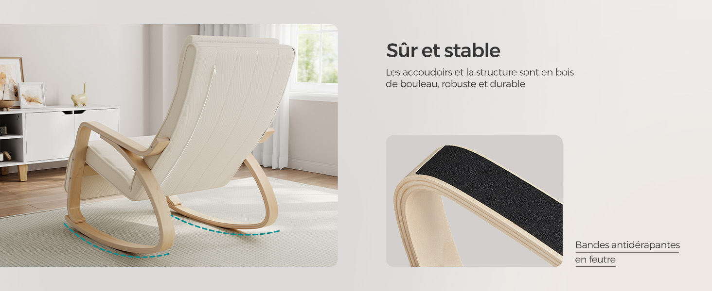 avec coussins blancs dans une pièce lumineuse. L'image incrustée montre un gros plan de la base incurvée de la chaise