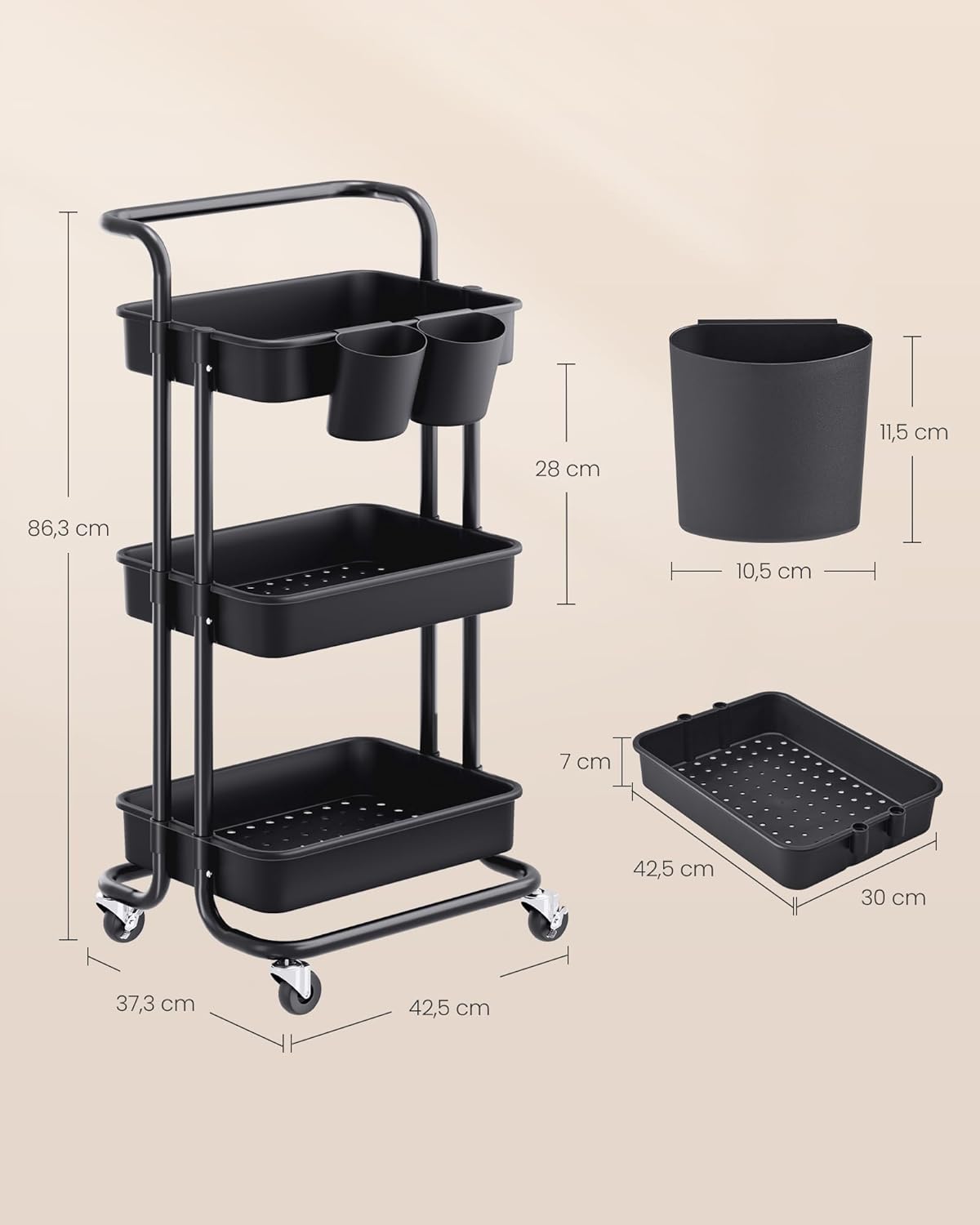 SONGMICS - Chariot roulant 3 niveaux acier/plastique, poignée, organisateurs, noir - BSC067B01
