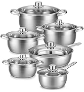 Ensemble de six marmites et poêles en acier inoxydable avec couvercles en verre, comprenant différentes tailles de marmites et de casseroles à double poignée, finition argentée polie