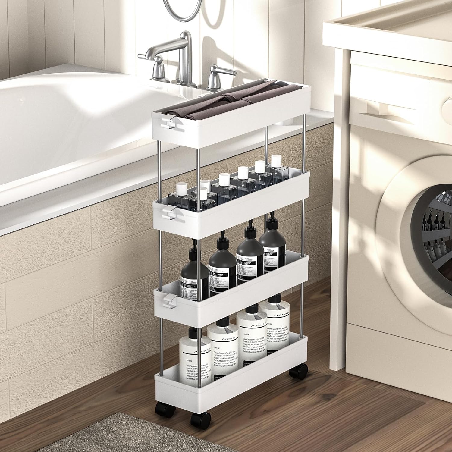 Chariot de Rangement - 4 niveaux, à roulettes, 86x40x12,5cm, compact