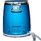 Grand baril ou contenant en plastique bleu avec couvercle à pince en métal, trous de ventilation et cordon électrique au fond.