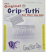 Le texte se lit comme suit : « Le Grip-Tuth original, fabriqué à la main aux États-Unis, les cheveux ne glisseront pas ! , Good Hair Days ». Peigne à cheveux en plastique transparent avec motif à dents adhérentes sur un emballage de marque.