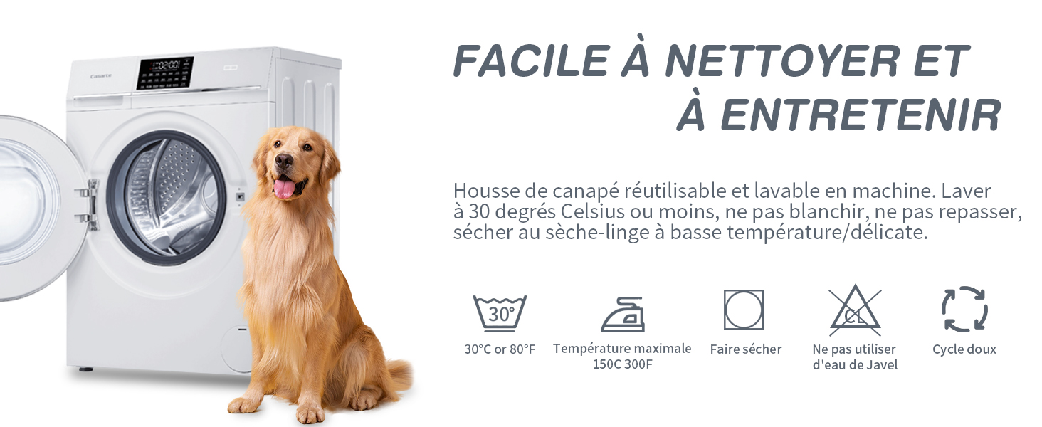 Publicité sur une machine à laver à chargement frontal présentant des symboles d'entretien et un golden retriever, mettant l'accent sur les caractéristiques de nettoyage faciles