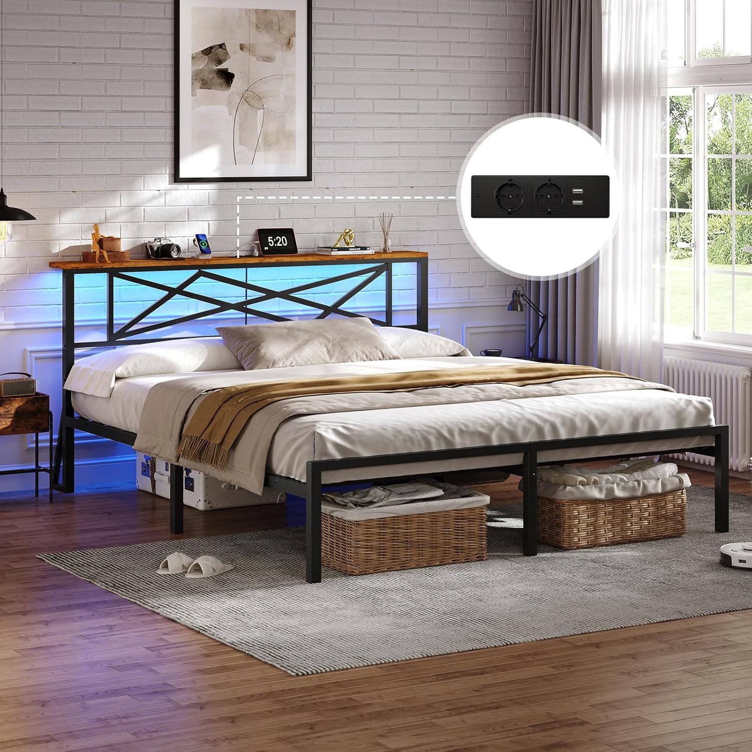 DICTAC - Lit LED avec ports USB, 180x200cm, rangement 32cm, métal