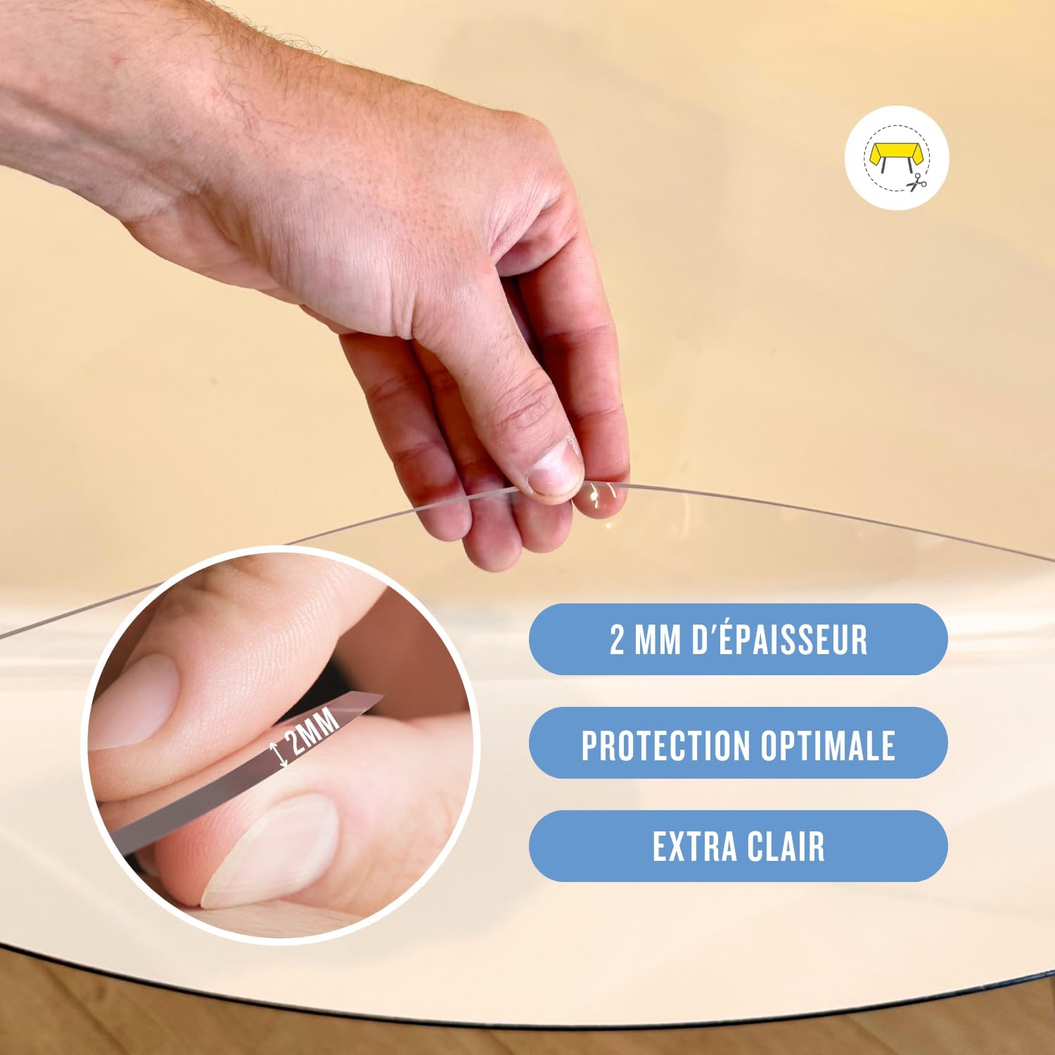 Nappe transparente ronde 165 cm - PVC 2mm, bords inclinés, anti-tache