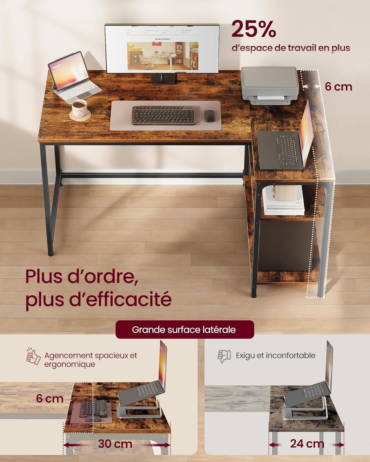 VASAGLE - Bureau Gaming L - 120x80 cm - rangement, étagères réglables - LWD136KD01