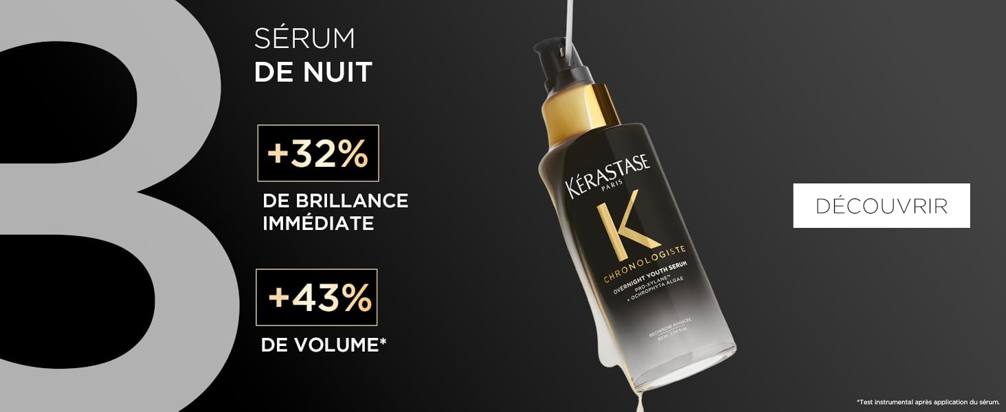 Le texte indique « SERUM DE NUIT, +32 % DE BRILLANCE PROUVÉE, +43 % DE VOLUME ». L'image du produit montre un flacon de sérum étiqueté « K » sur fond sombre.