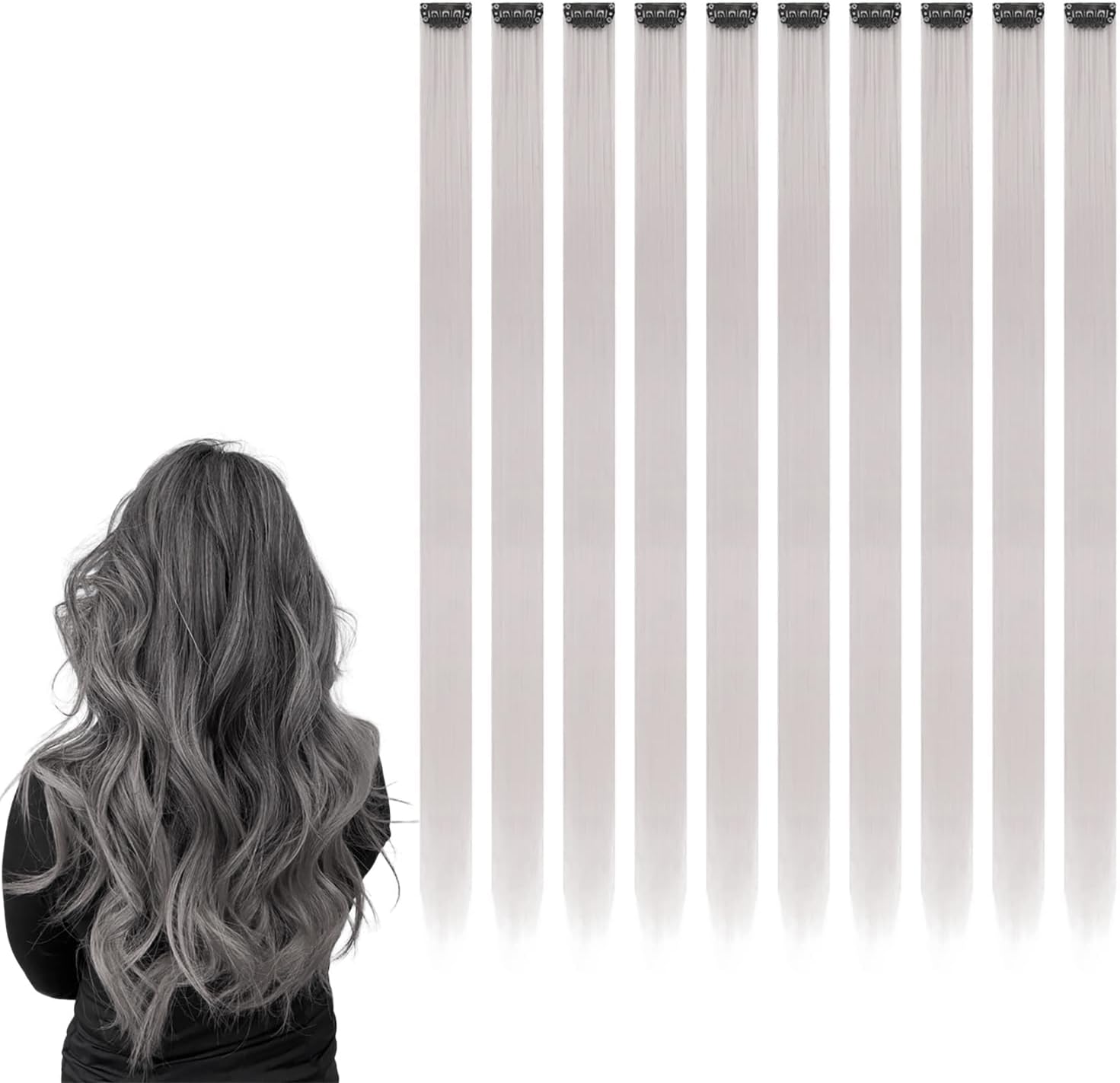 Extensions à clip cheveux - 22 pouces - 10 pièces, coloris gris, lisses