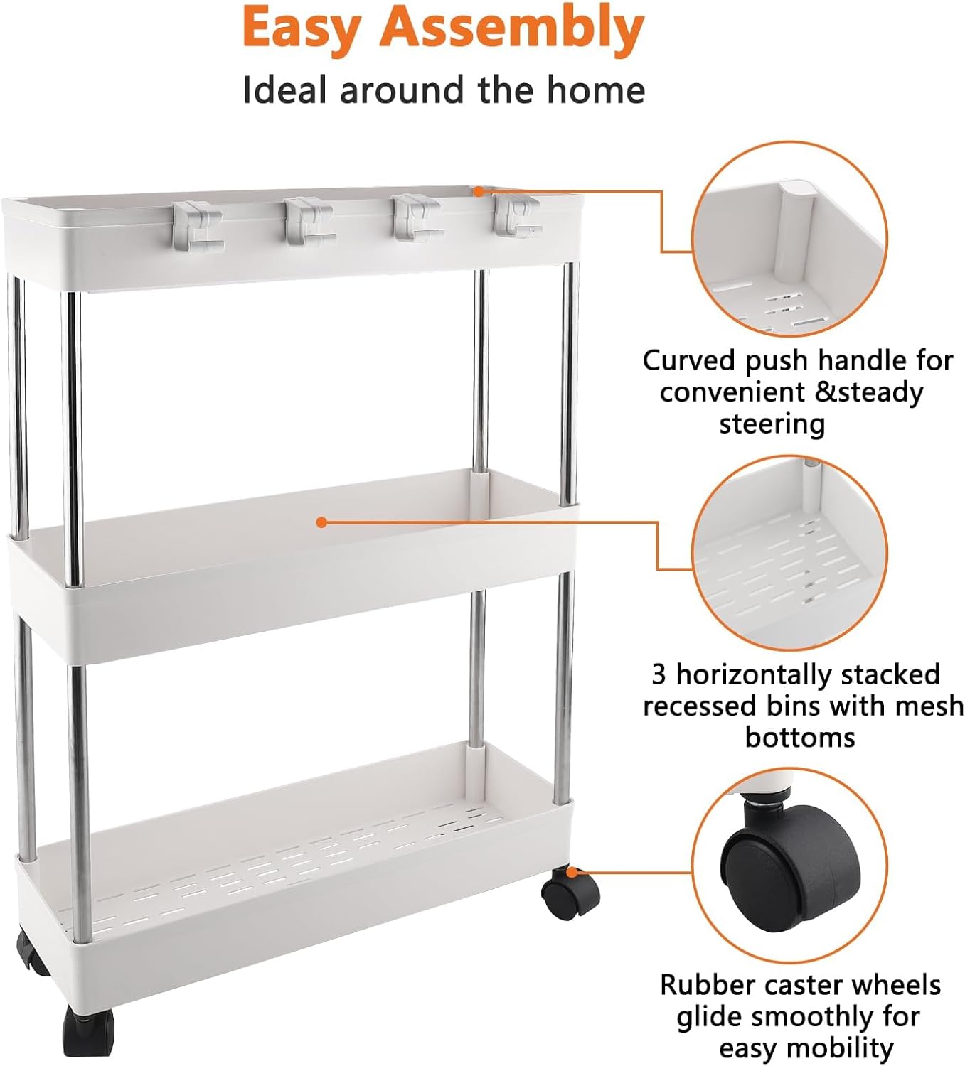 Chariot de rangement 3 niveaux blanc, étagère mobile à roulettes, multifonction