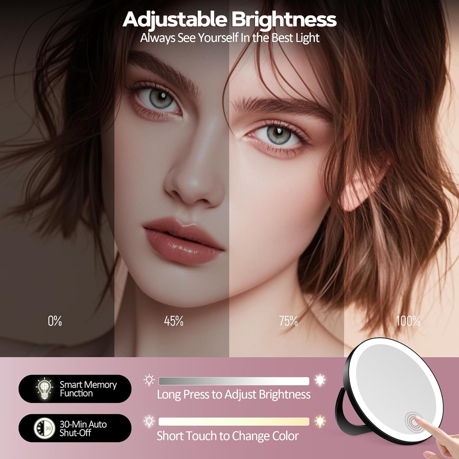 Miroir grossissant - 30x, ventouse, éclairage LED, intensité variable, noir