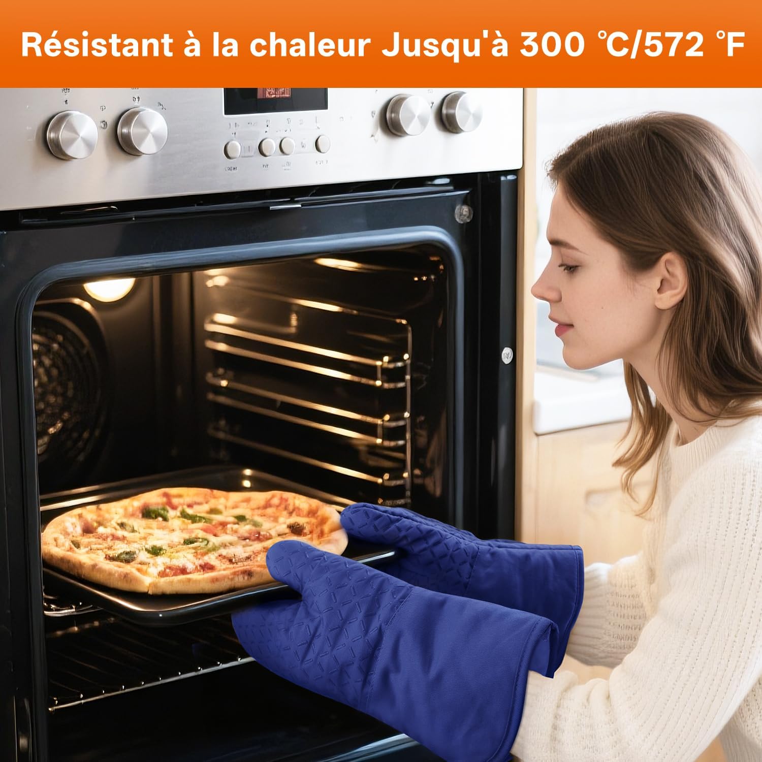 MILcea - Gants de cuisine anti-chaleur, 32cm, silicone/coton doux, lot de 4