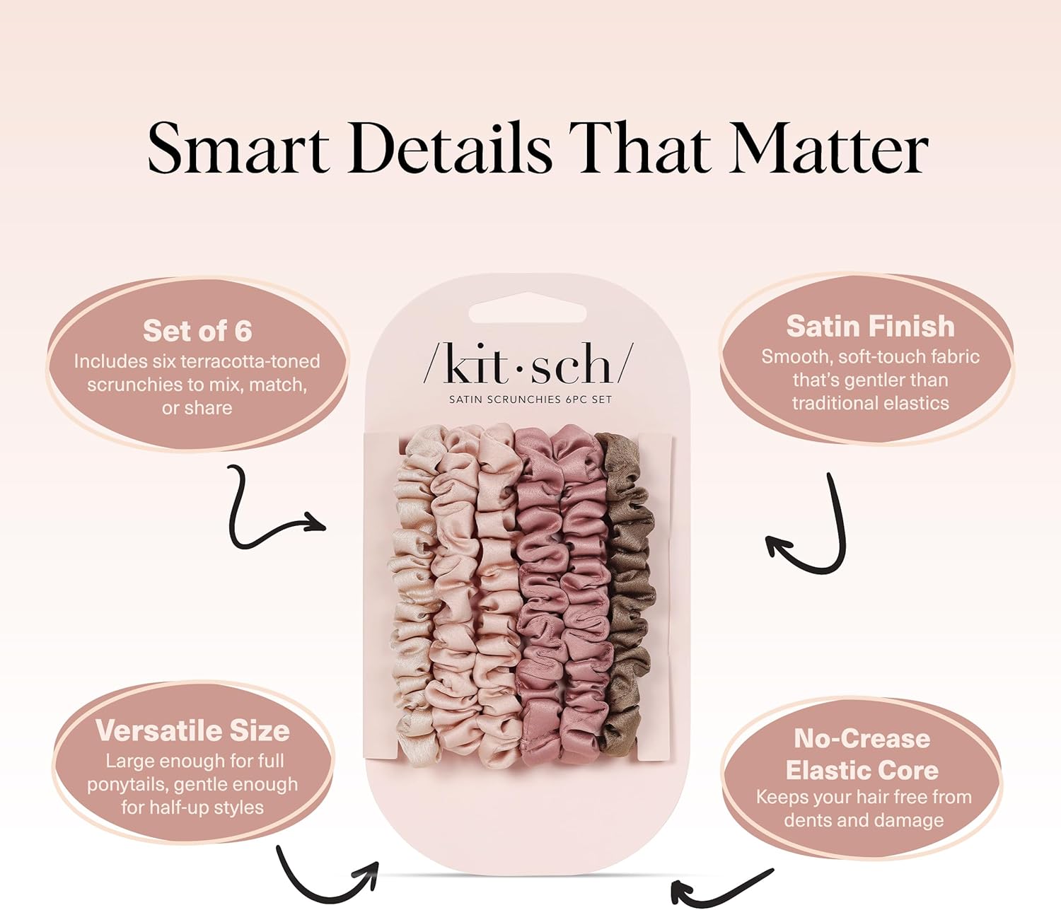 Kitsch - Chouchous en satin - lot de 6 - élastiques anti-plis, tous cheveux
