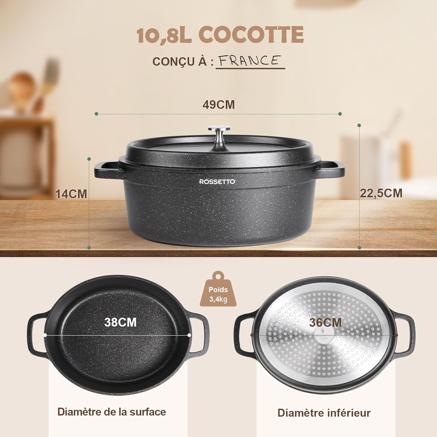 Rossetto - Cocotte en fonte aluminium 38cm - 10,6L, antiadhérent, induction et four, couvercle picots saveurs