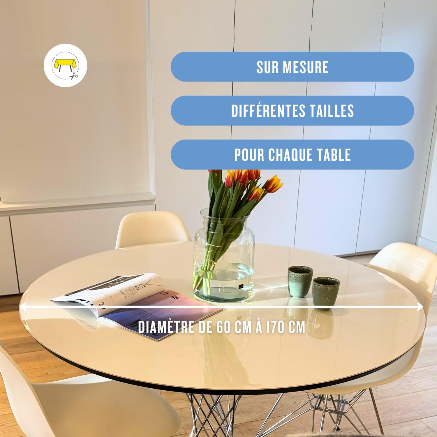 Nappe transparente ronde 165 cm - PVC 2mm, bords inclinés, anti-tache