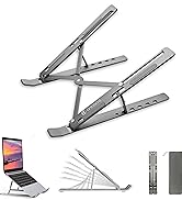 Plusieurs angles d'un support ou d'un support réglable pour ordinateur portable indiquant différentes positions et différents réglages de hauteur. Comprend des illustrations de compatibilité avec les smartphones ou les tablettes.