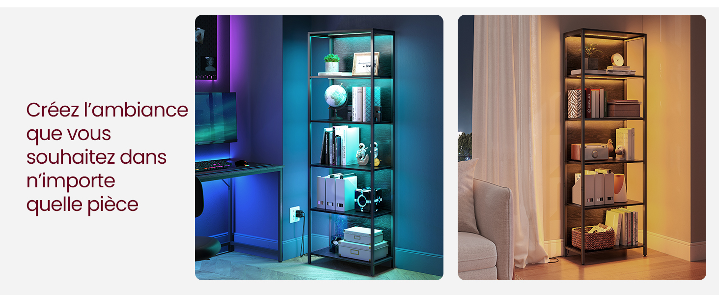 Image divisée de vitrines en verre illuminées montrant un éclairage ambiant dans des tons bleus et chauds, avec plusieurs étagères de rangement