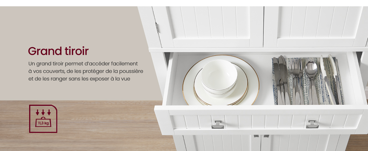 Vue intérieure d'un lave-vaisselle ouvert montrant des paniers et des compartiments à ustensiles blancs, avec le texte « Grand tiroir »