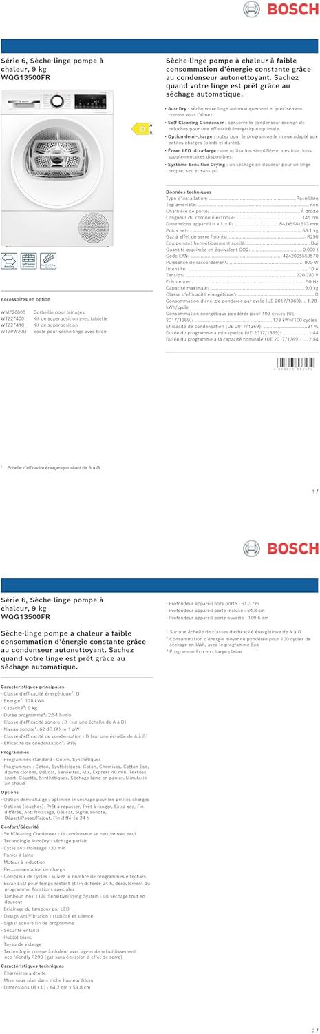 Bosch Série 6 sèche-linge pompe à chaleur 9 kg blanc WQG13500FR