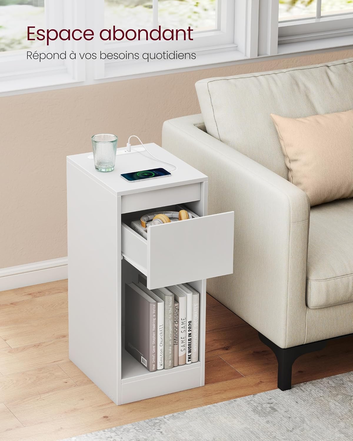 VASAGLE - Table de chevet étroite, LED, USB-A/C, tiroir, blanc, LET610W01