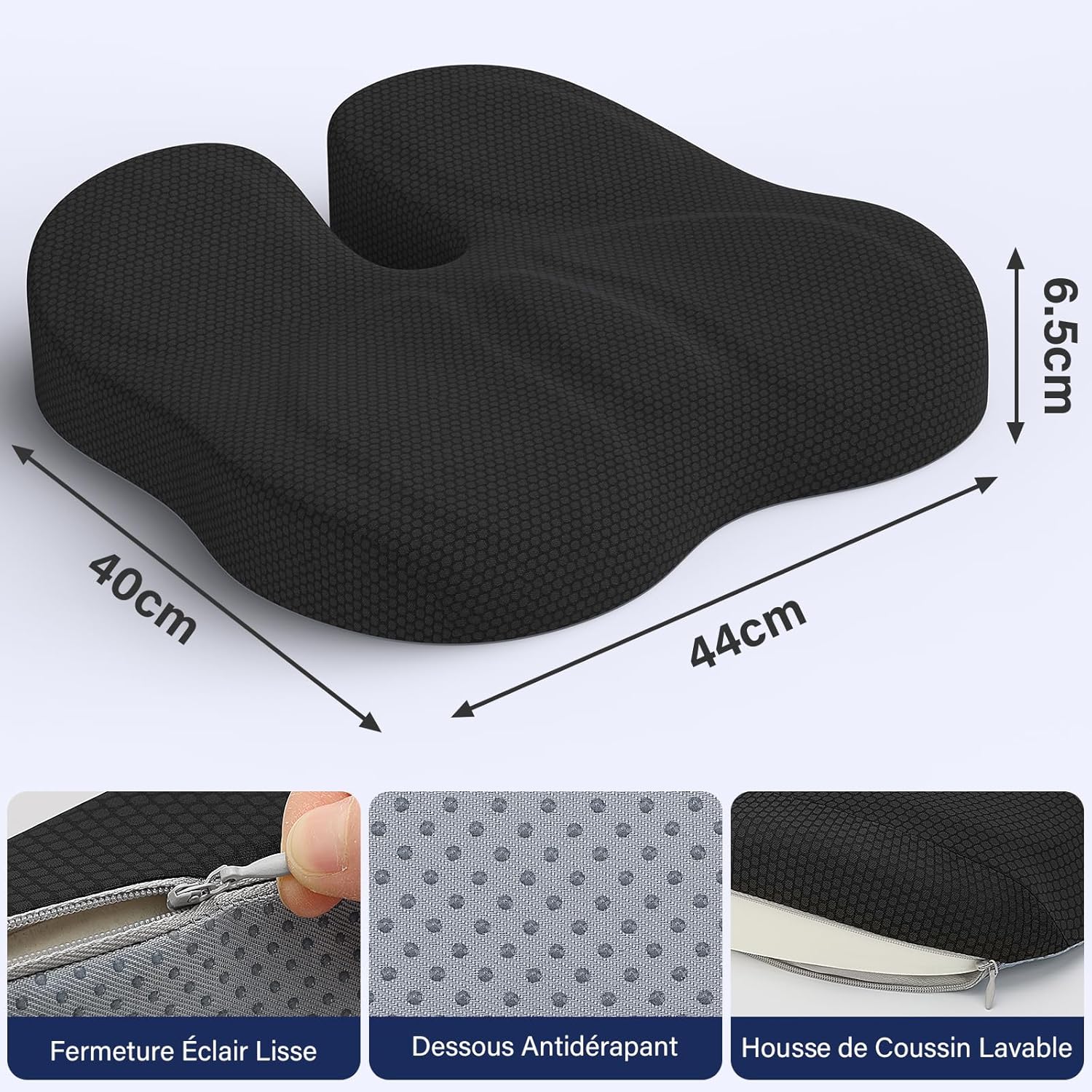 Coussin siège ergonomique - soulage coccyx et sciatique, noir, confort bureautique