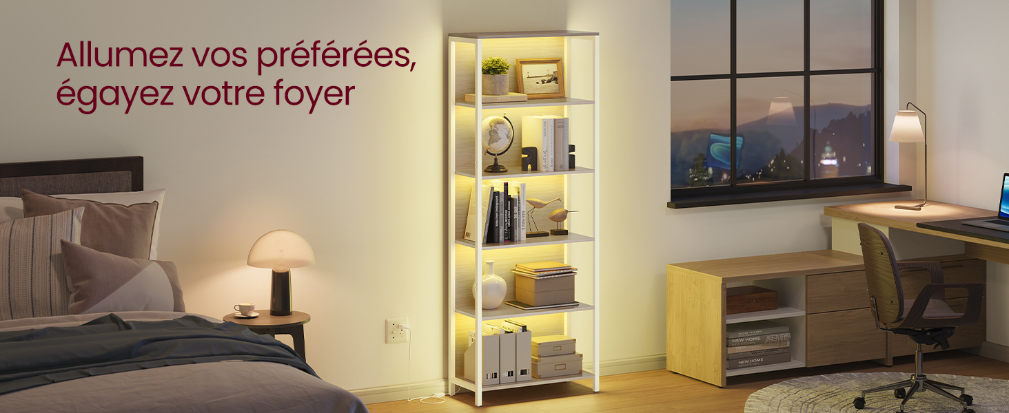 Le texte se lit comme suit : « Allumez vos préférées ». Série de photos intérieures montrant des meubles modernes et des agencements d'éclairage dans les chambres et les espaces de vie.