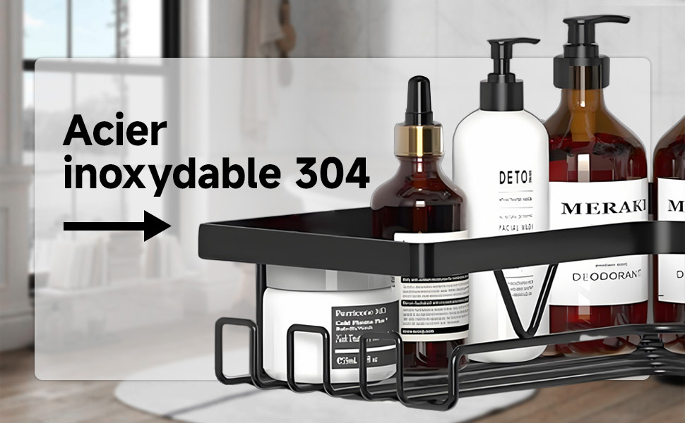 en acier inoxydable 304, contenant diverses bouteilles de toilette. Texte « Acier Inoxydable 304 » visible. Structure en métal noir avec une seule étagère.