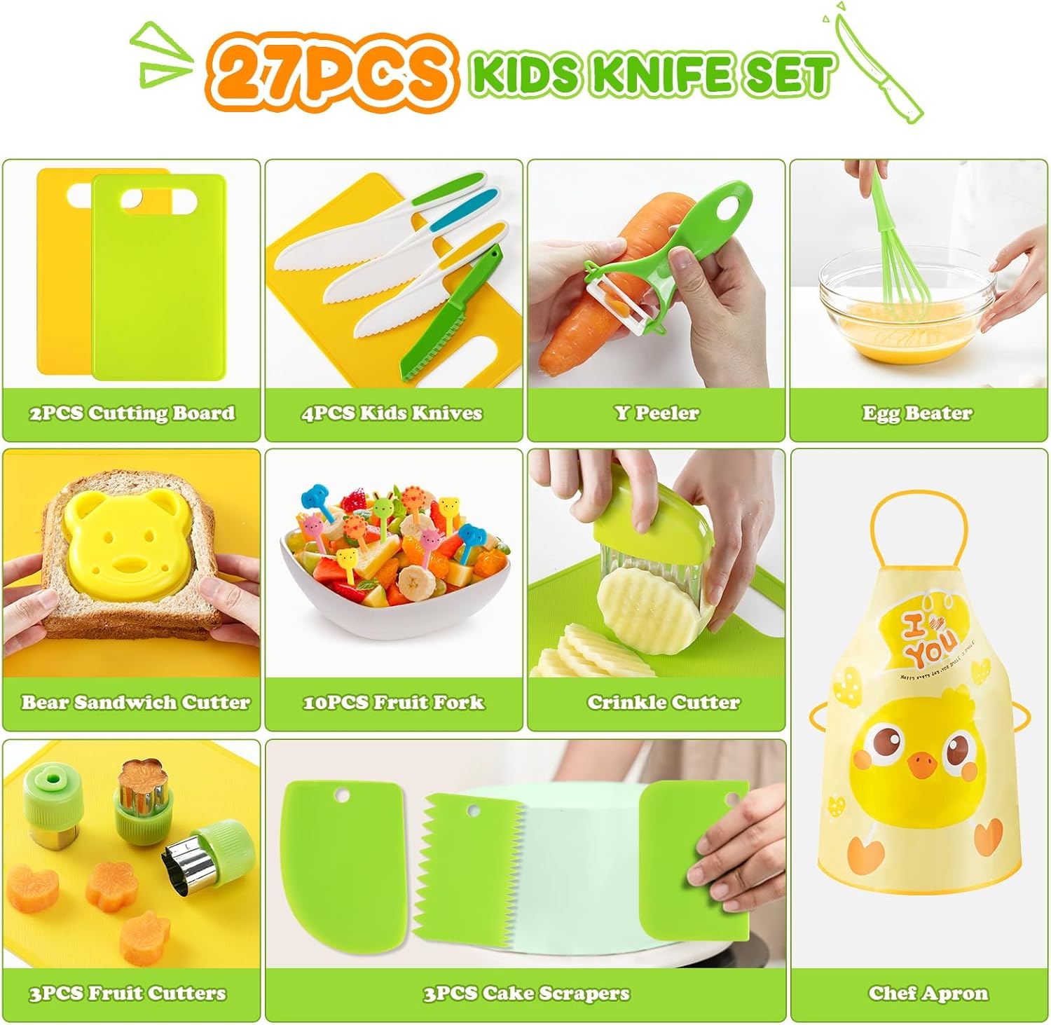 Couteau pour enfants - kit de 27 pièces - sécurité Montessori, planche, couteau ondulé