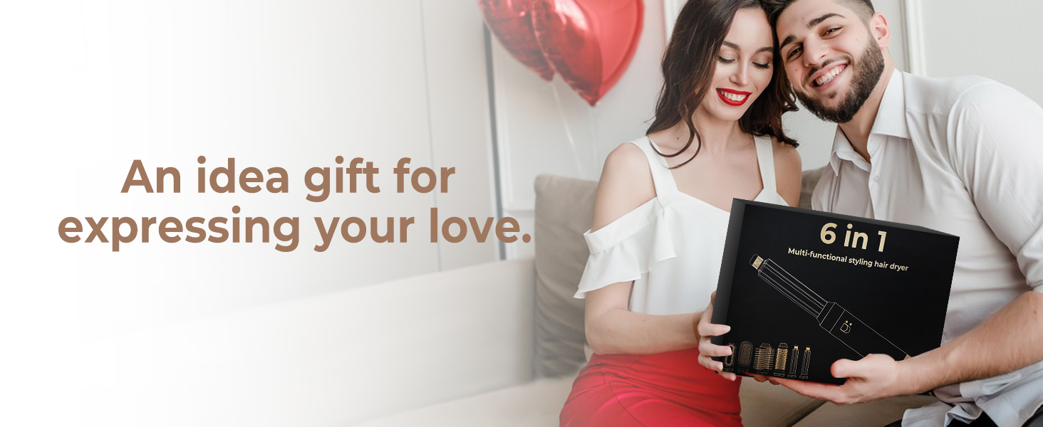 Couple tenant une boîte noire étiquetée « 6 en 1 ». Le texte ci-dessus se lit comme suit : « Un cadeau idéal pour exprimer votre amour ».