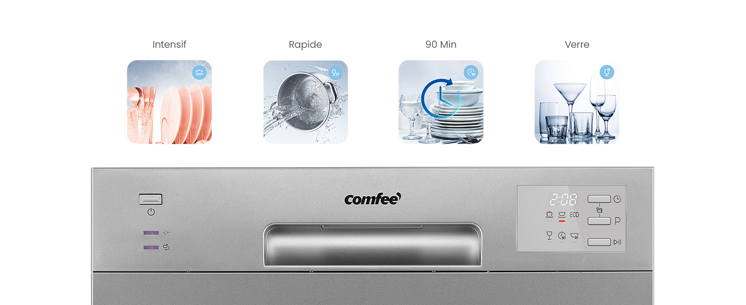 Le texte indique « comter » sur le panneau de commande du lave-vaisselle en acier inoxydable. Affiche une interface d'appareil moderne avec un minimum de boutons et un affichage numérique.